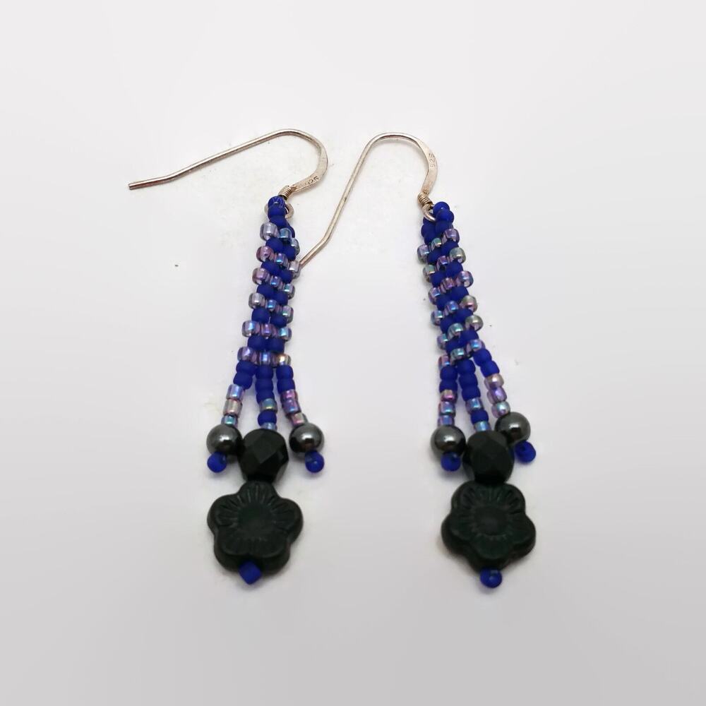 Purple Iris Beadwork Black Glass Flower Bead Earrings Sterling Silver Ear Wires
